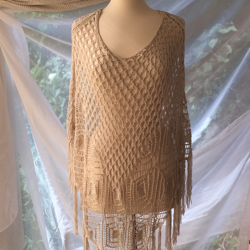 Bohemian Fringe Ivory Cream Crocheted Poncho